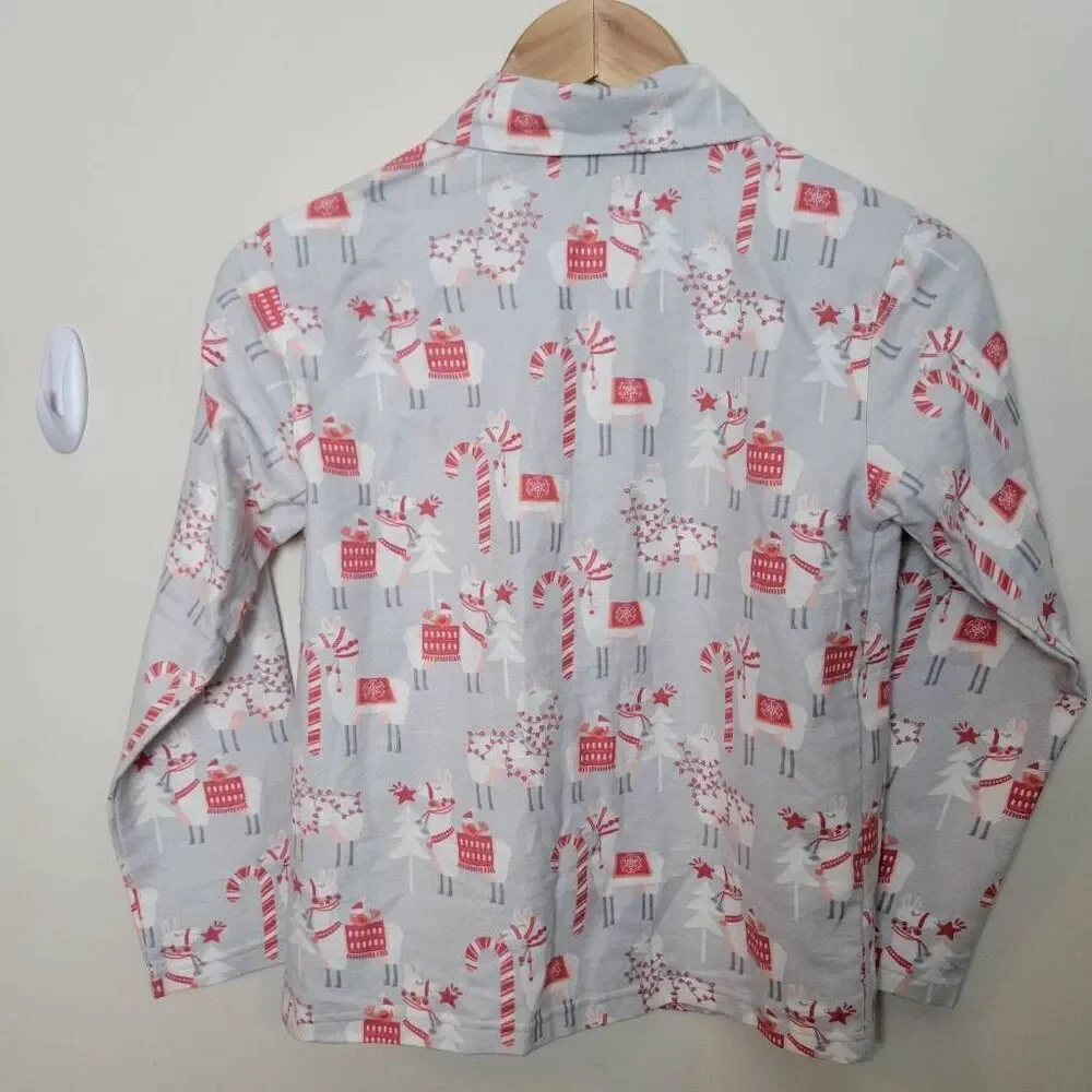 Garnet Hill Kids Flannel Pajama Top NWT Large Youth Button Down Candy Cane Llama